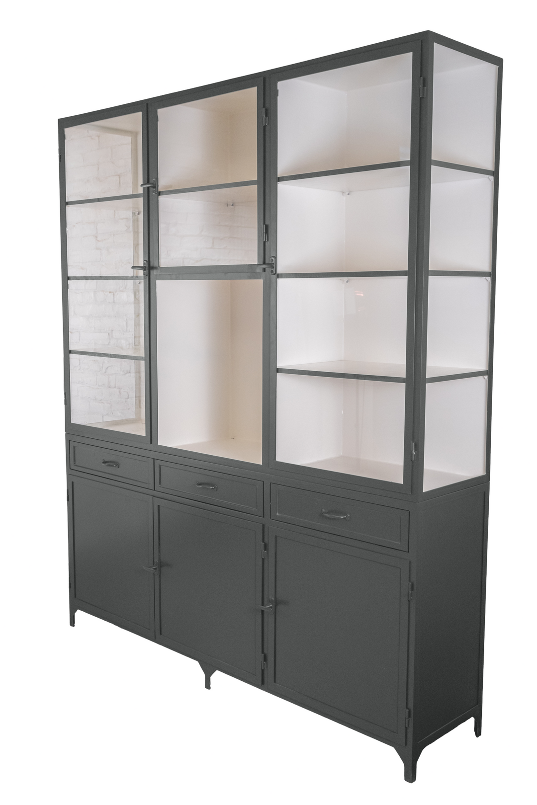 Glassed Metal Cabinet with 3 plus 3 doors and 3 drawers