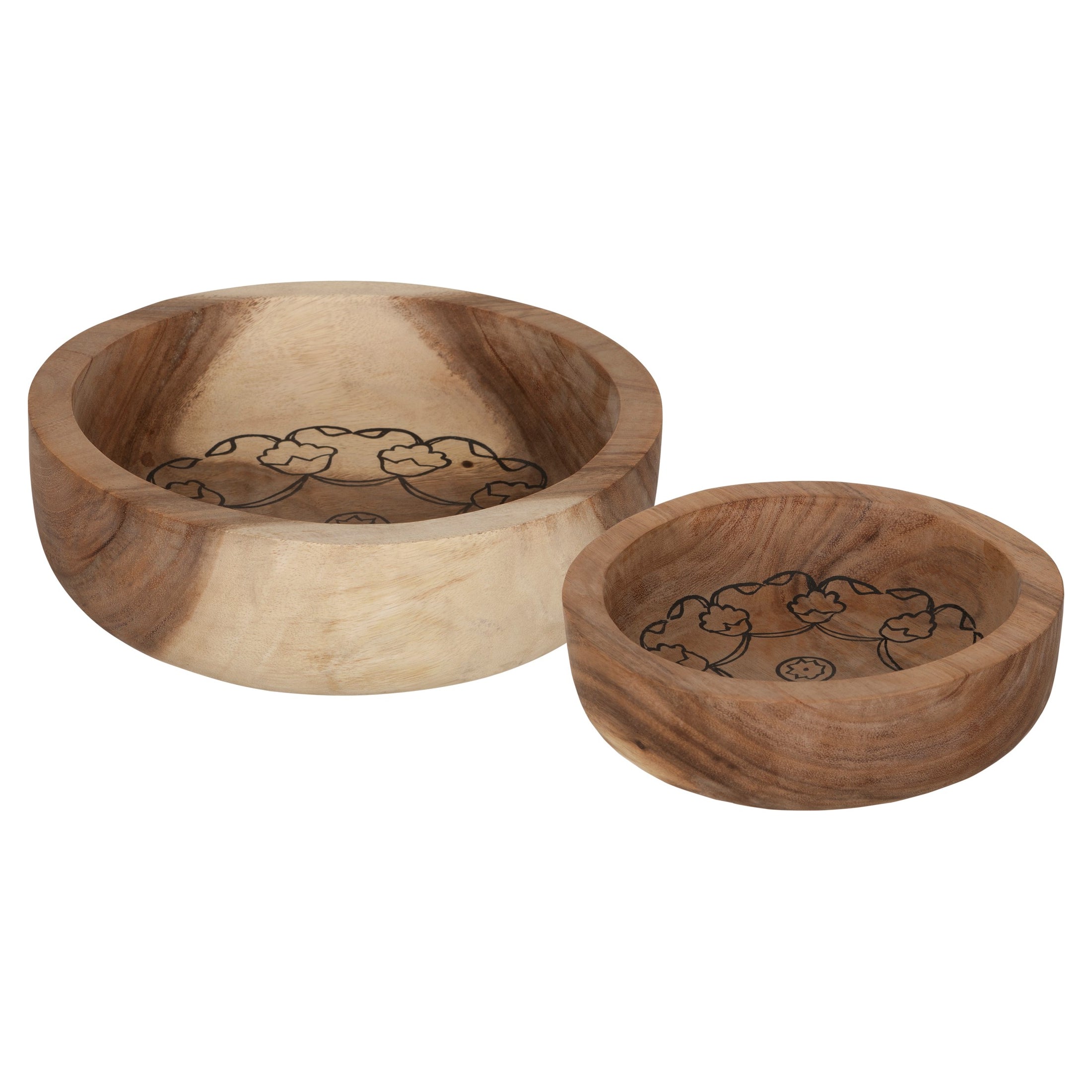 Two wooden bowls with mandala-inspired carvings, one larger than the other, against a white background.